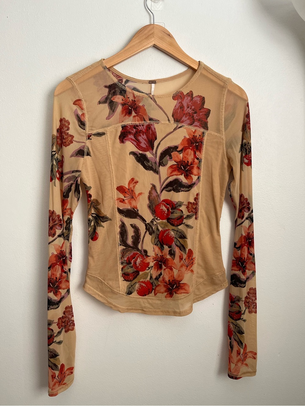 Free People Betty’s Garden Mesh Top Floral Long Sleeve Neutrals Nude L